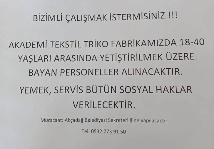 Akçadağ Belediyesi tekstilde çalışacak bayan elemanlar arıyor