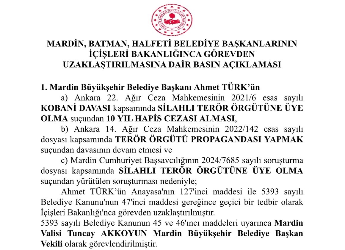 Mardin, Batman ve Halfeti belediyelerine kayyum atandı